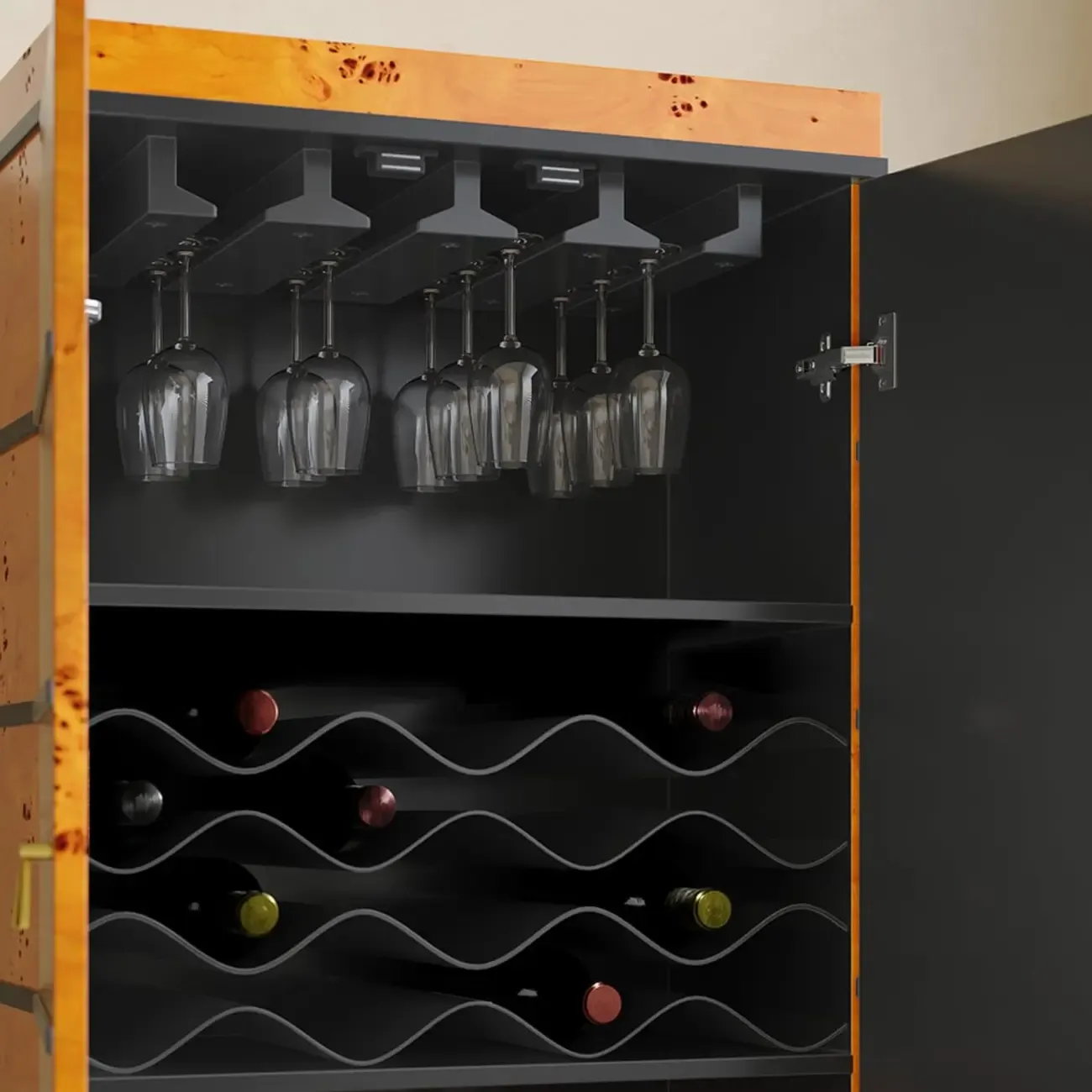 Rustic Burl wooden Drawer Wine Cabinet with Glass Rack