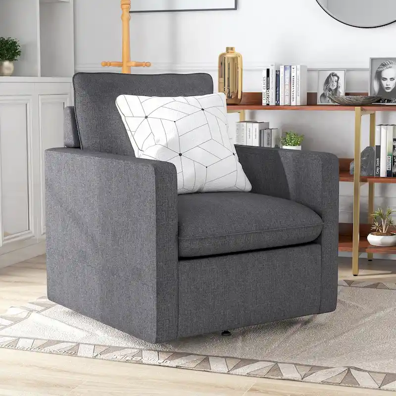 Transitional Linen Cushion Back Swivel Armchair