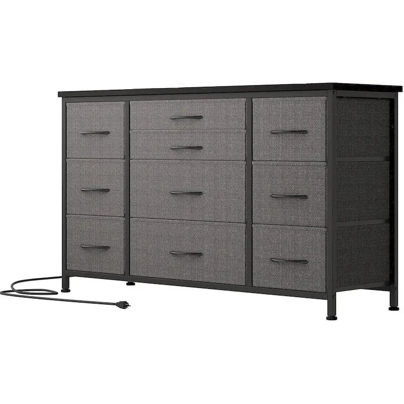 10-Drawer Fabric Dresser with Power Strip, for 1 Person – Grey / Pink / Brown / Black / Charcoal