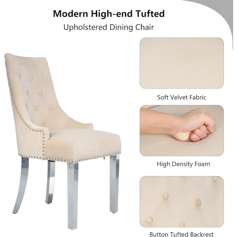 Velvet Dining Chairs Set of 2, Upholstered Tufted Nailhead Dining Room Chairs with Stainless Steel Legs & Lion Head Pull Ring