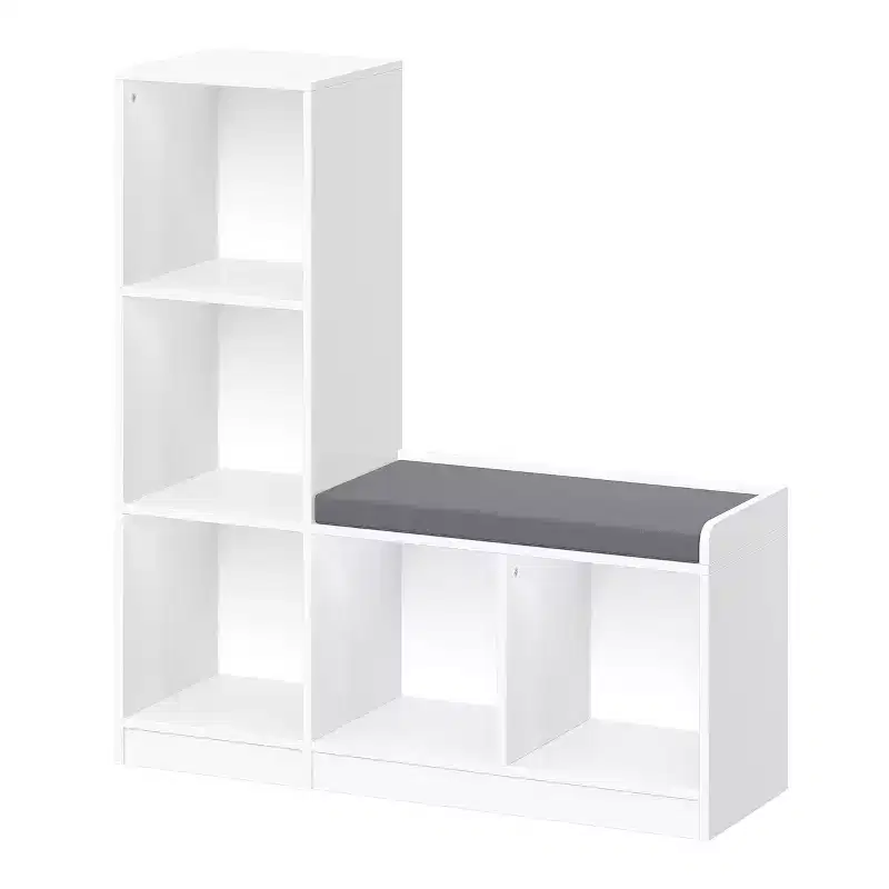 RiverRidge Kids' Bench with 5 Toy Cubby Storage Shelves and Cushioned Seat for Reading Nook and Playroom Storage Organization White