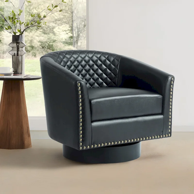 Modern Armchair Faux Leather Nailhead Trim Swivel Accent Chair