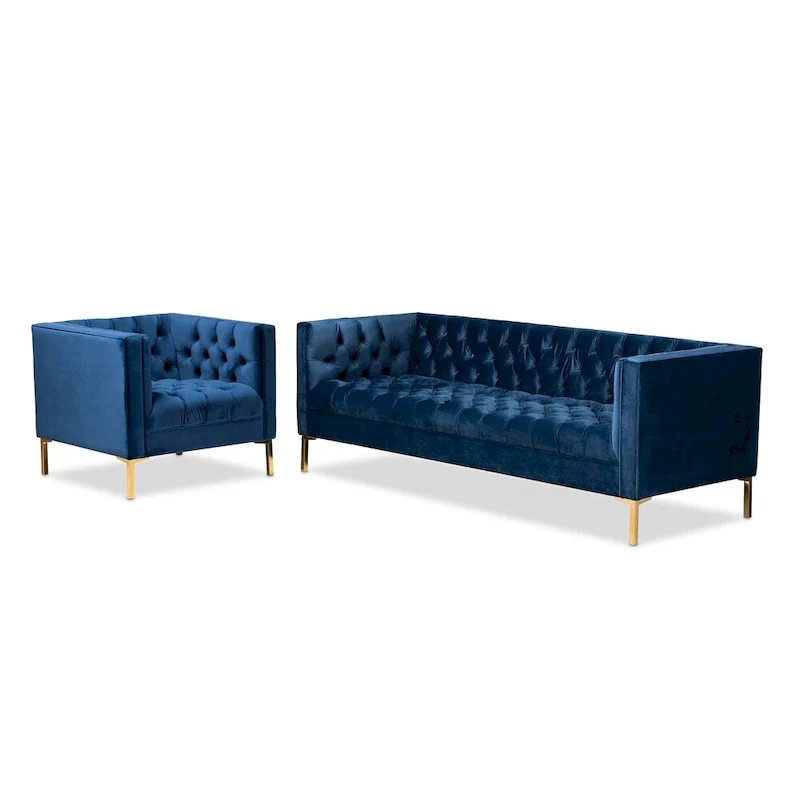 Glam Velvet and Gold Finished 2-Piece Sofa and Lounge Chair Set