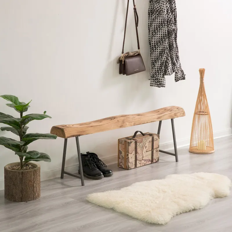 Rustic Carved Wood Natural Log Accent Bench