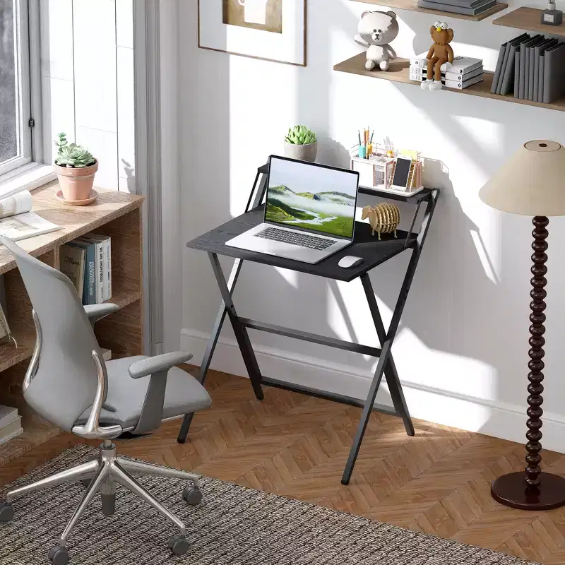 Folding Computer Desk, Foldable Desk with Monitor Shelf for Small Space, Home Office, Study, Easy Assembly