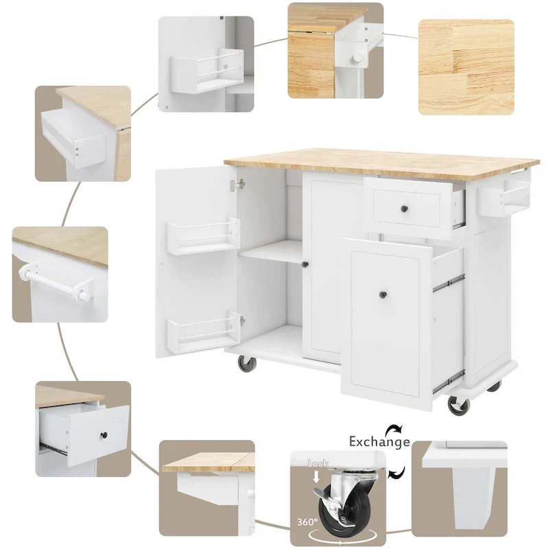 53.9 Width Rolling Kitchen Island with Drop Leaf and 3 Tier Pull Out Cabinet