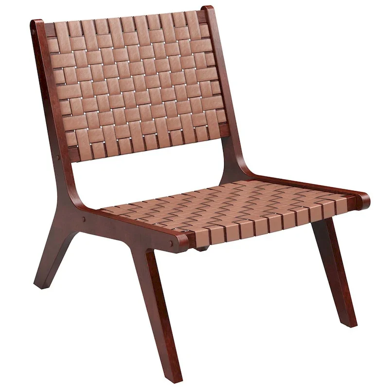 Brown Mid-Century Woven Faux Leather Armless Accent Chair with Rubber Wood Frame – Seats 1