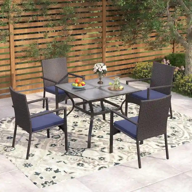 Seats up to 4 Outdoor Dining Sets, 37 Square Metal Bistro Table with Umbrella Hole and 4 Rattan Garden Chairs