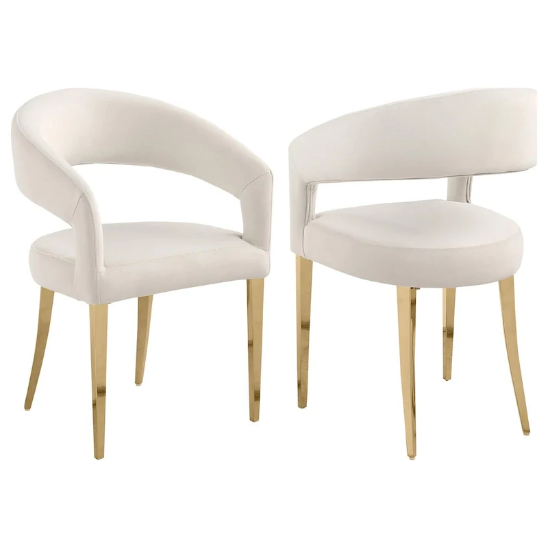Dining Chairs Set of 2 Curved Open Back Gold Legs White Fabric Modern