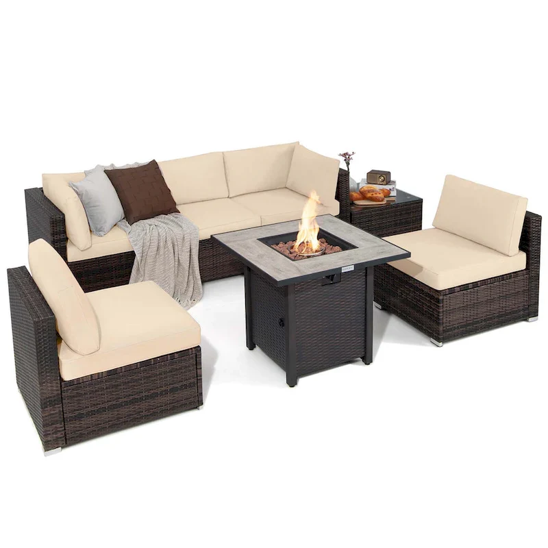 Costway 7PCS Patio Rattan Furniture Set 30 Fire Pit Table Cover - See Details