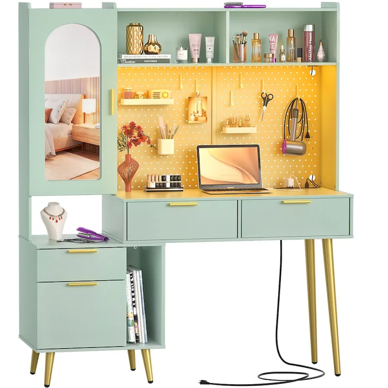 Makeup Vanity with Pegboard and Hutch, Bedroom Vanity Table with Charge Station and LED Light - N/A