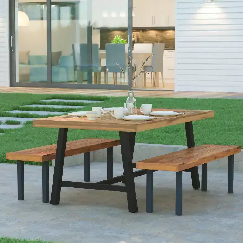 Emma and Oliver Natural Finish Solid Acacia Wood Dining Table with Black Metal Legs for Indoor and Outdoor Use
