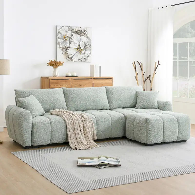 100 L-Shaped Sofa Boucle Fabric Couch with Movable Ottoman