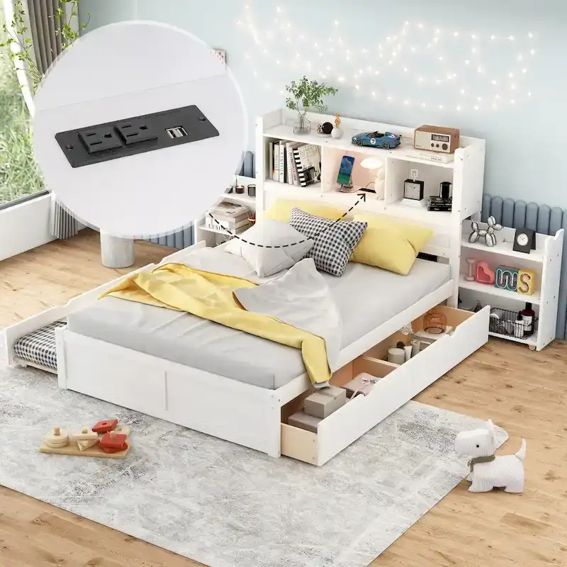 Full Size Storage Platform Bed with Pull Out Shelves, Twin Size Trundle and 2 Drawers, White