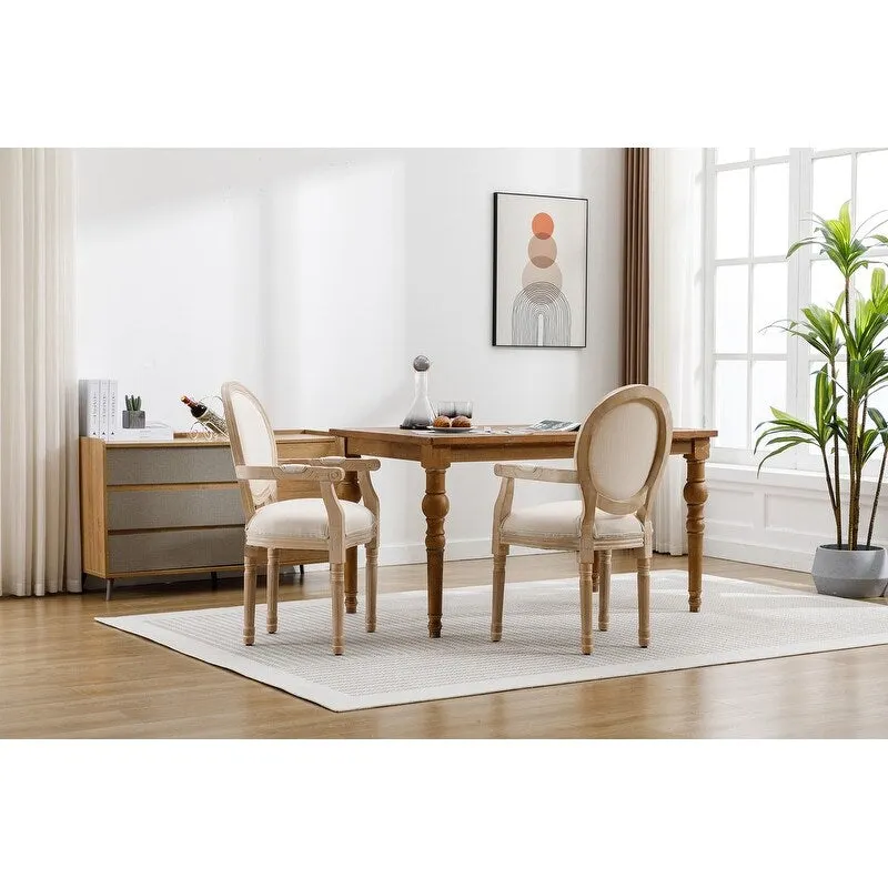 Grondin Mid-Century Modern Style French Country Dining Chair Set of 2, Kind Louis Back Linen Upholstered Accent Armchair