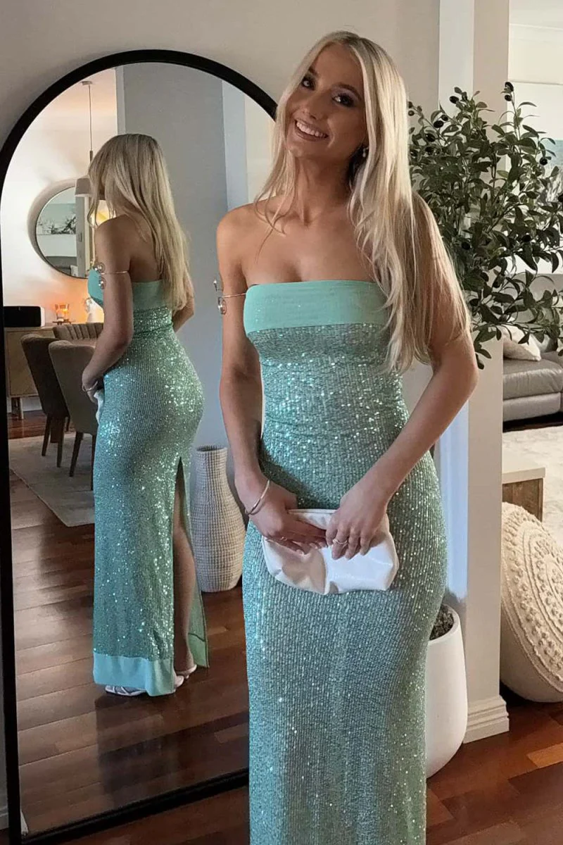 Sage Sheath Strapless Sequined Long Prom Dresses
