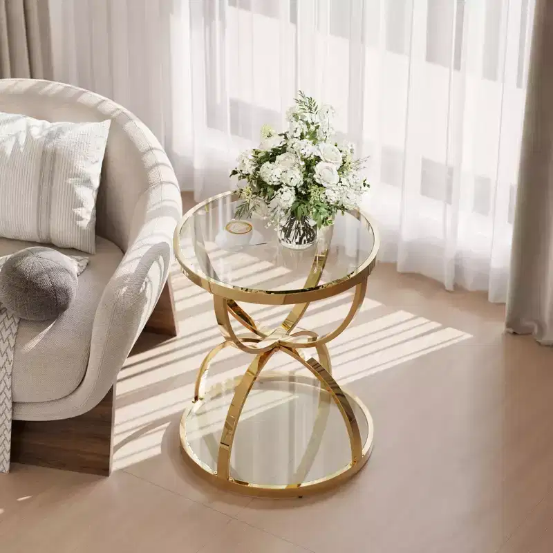 GDFStudio Leda 19.69'' Modern Glass Side Table with 2 Tiers, Ring-Shaped Frames
