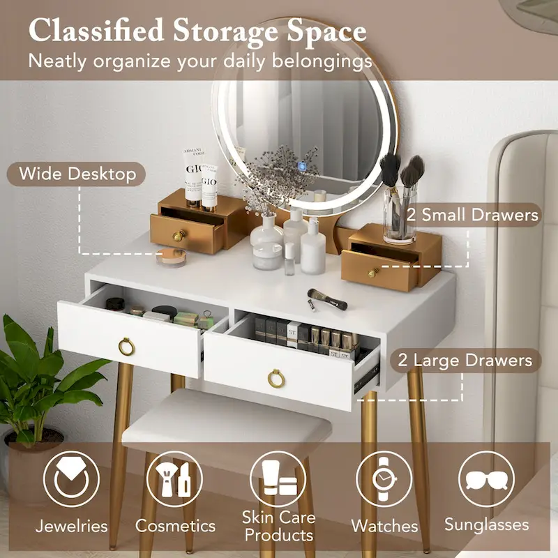 Vanity Makeup Dressing Table Stool Set 3-Color Lighted Mirror - See Details