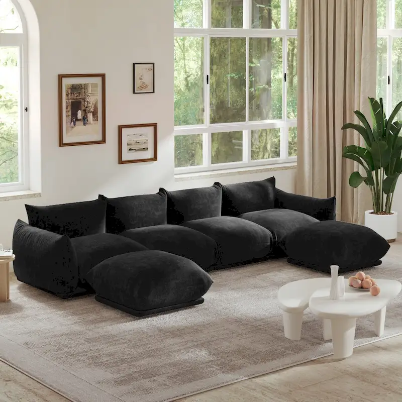 Black / Beige / Orange / Green Chenille U-Shape Sectional Sofa, 4-Seat with 2 Ottomans