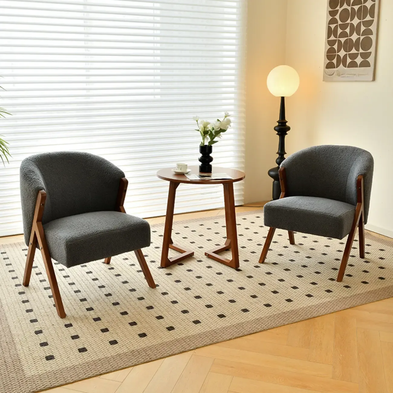 Glam Grey Fabric Accent Chair with Wooden Legs for Living Room