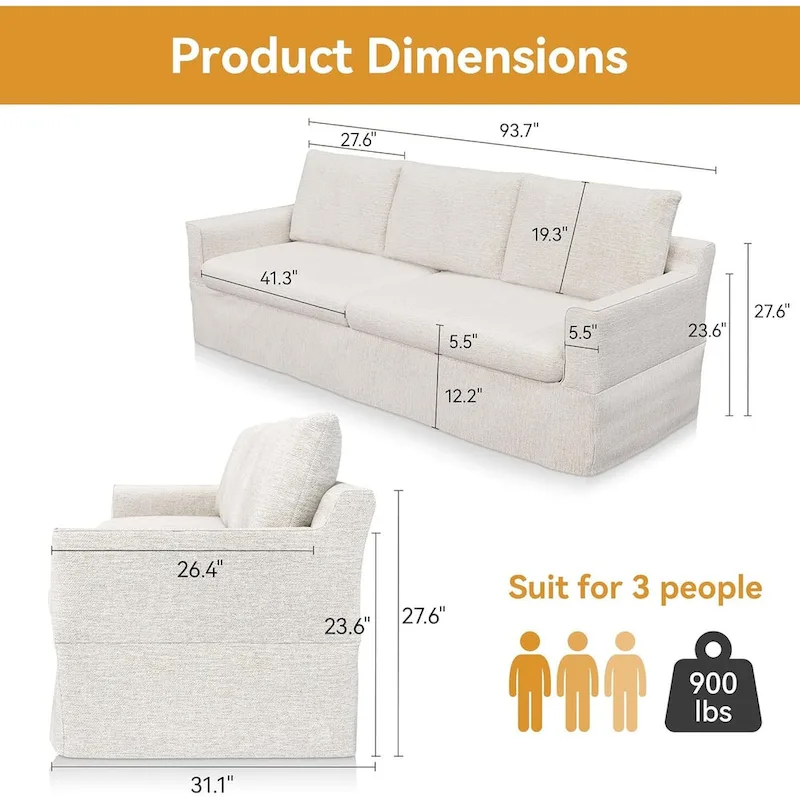 93 Modern 3-Seater Sofa Couch with Deep Seats and Removable Slipcover
