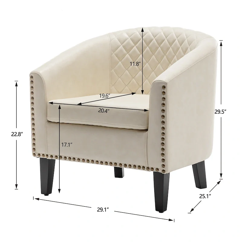 KINWELL PU Leather Tufted Barrel Chair Club Armchair with Nailheads