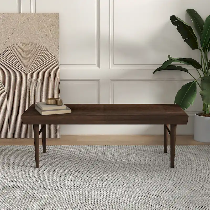 Silvie Mid-Century Solid Wood Upholstered Bench in Brown