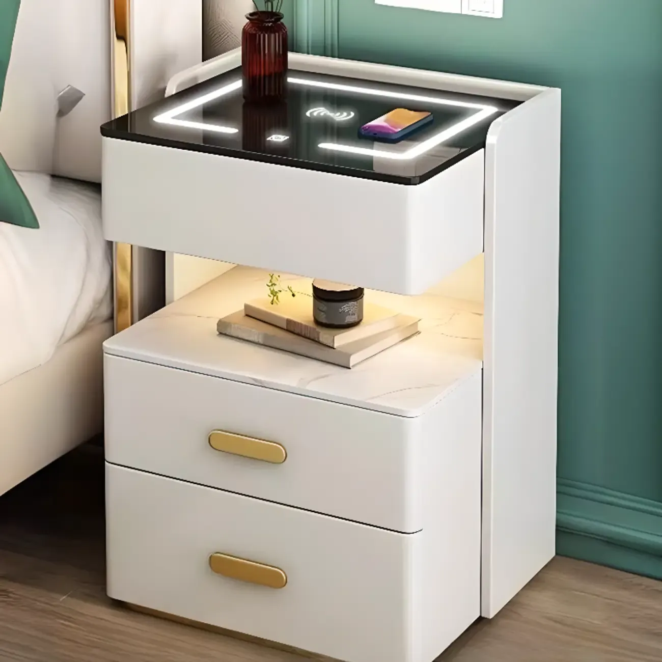 LED Wireless Charging Drawer Storage Nightstand