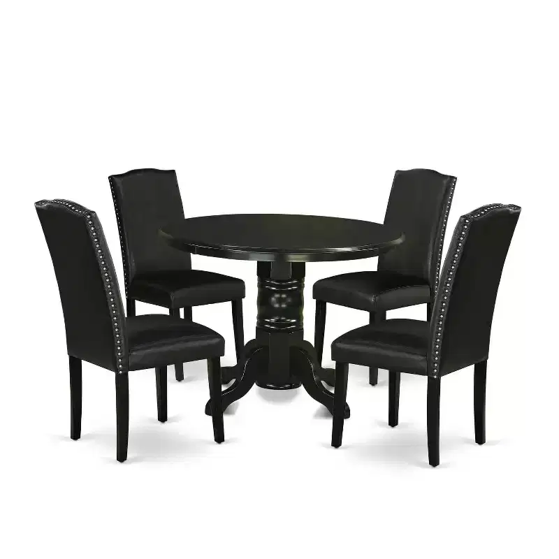 HomeStock 5-Piece Round Black Finish Solid Wood Top Dining Table with 4 Black Faux Leather Upholstered Parson Chairs, Seats 4
