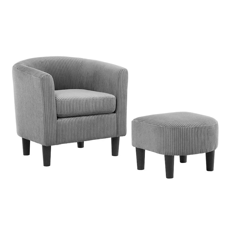 Corduroy Accent Chair with Ottoman & Curved Armrests – Grey / White / Yellow / Green Corduroy / Black Fabric