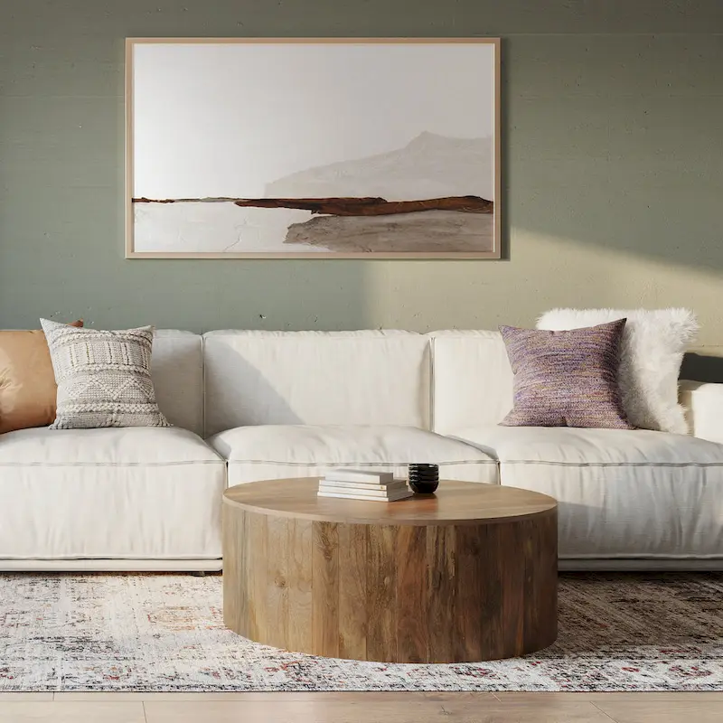 White Wash / Walnut / Black / Natural Round Drum Coffee Table, Solid Mango Wood, 36 Inch
