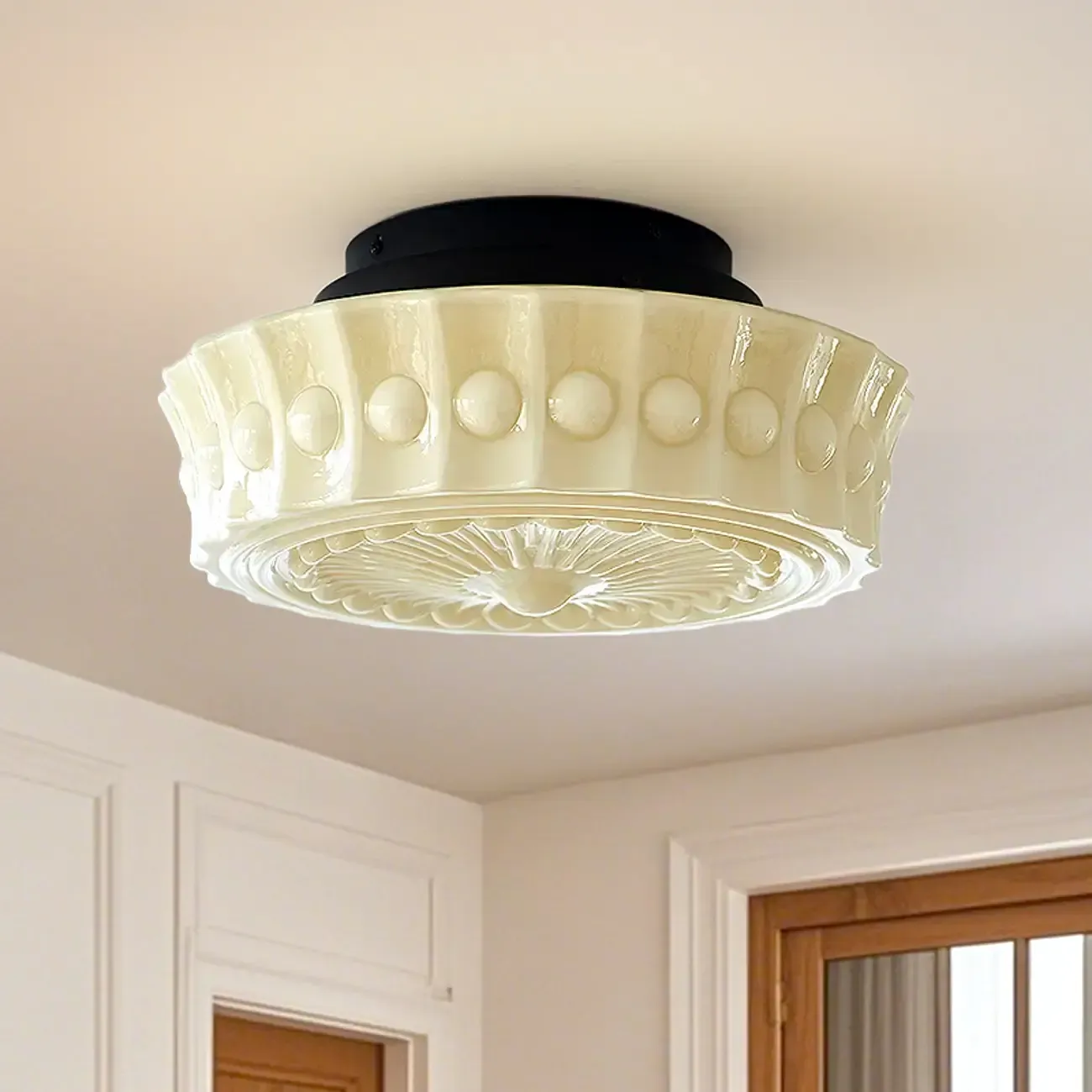 Beige Round Glass Vintage Semi Flush Ceiling Light