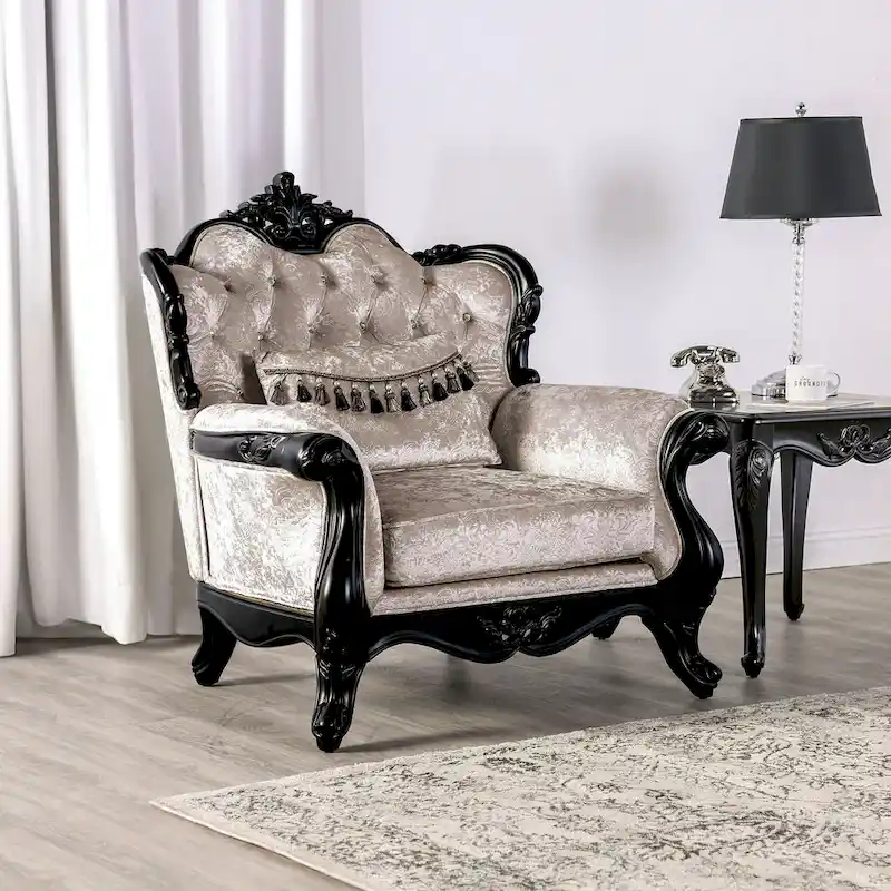 Off-White / Black Wingback Accent Chair, Button-Tufted, Single Seat