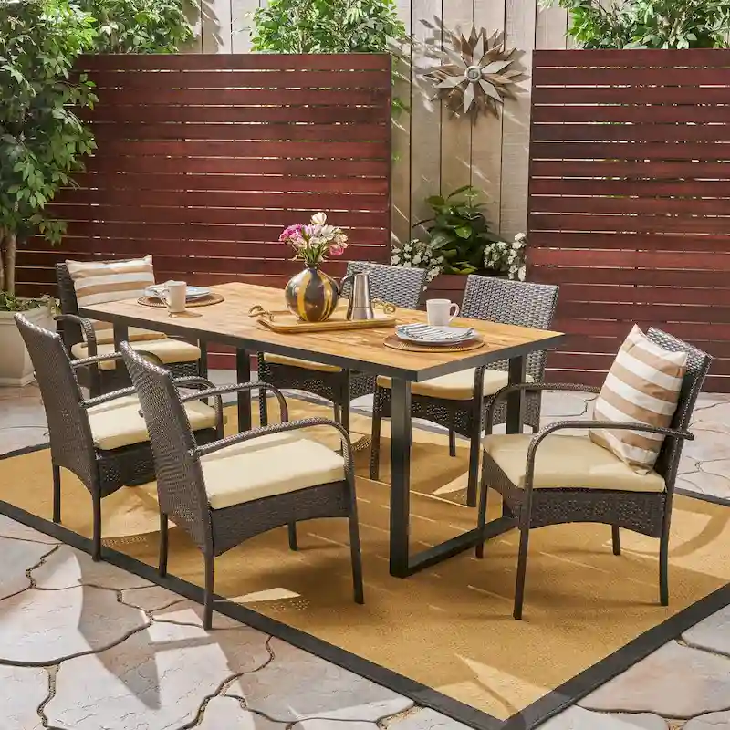 Heron Outdoor 6-Seater Rectangular Acacia Wood and Wicker Dining Set by Christopher Knight Home