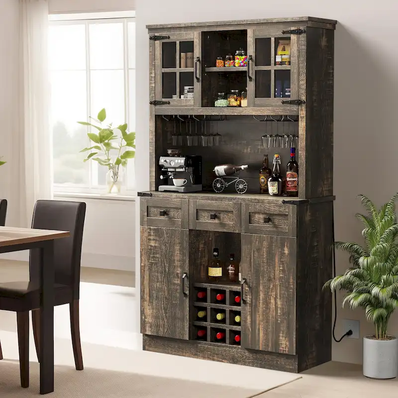 Kitchen Storage Cabinet Pantry Cupboard with Charging Station and 3 Drawers