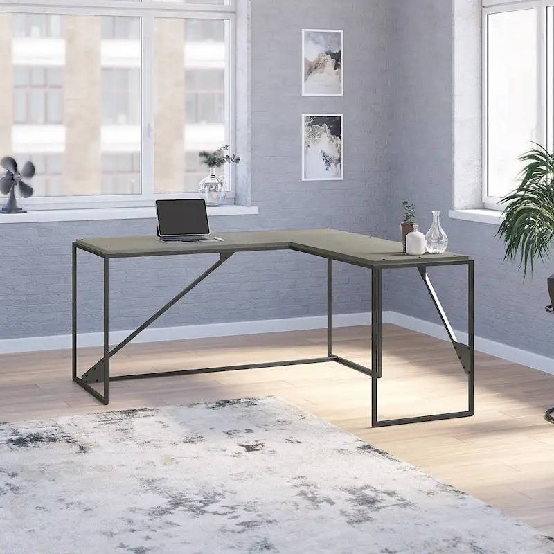 Rustic Gray L Shaped Industrial Desk with Steel Frame for Adults