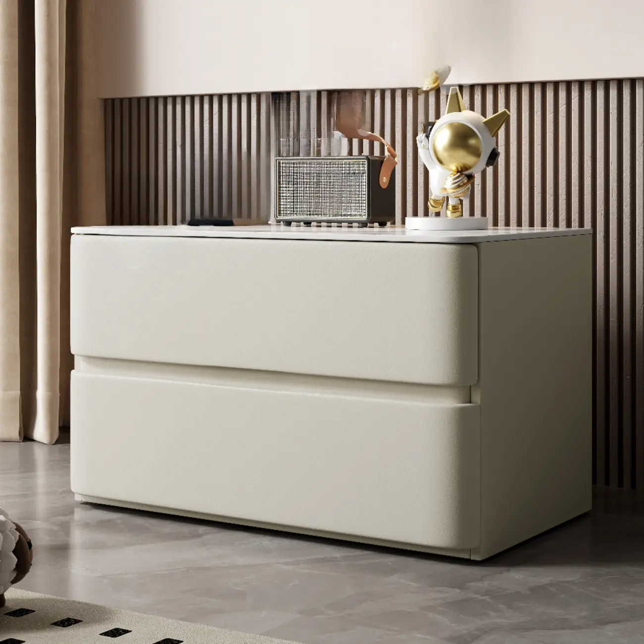 Modern Stone Top Wooden White Bedside Table 2 Drawers