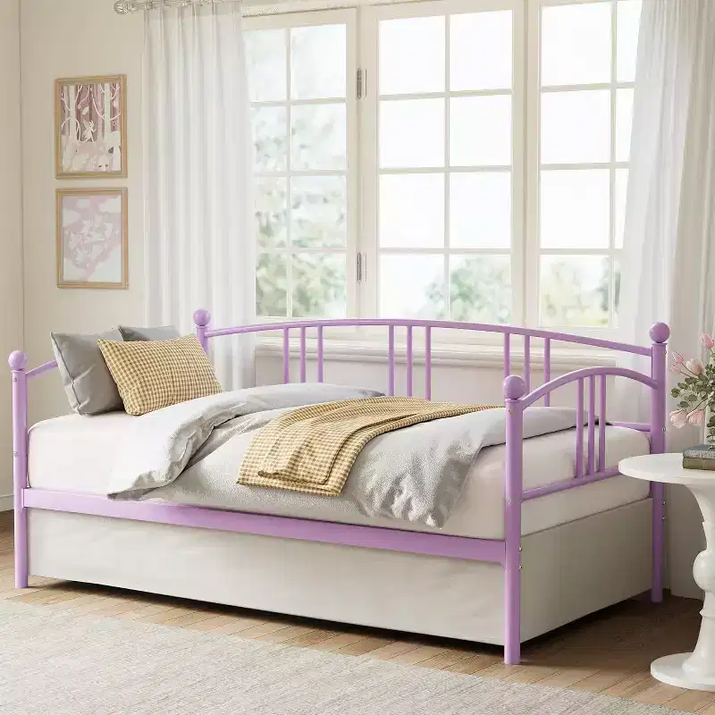 Daybed withou Trundle,Twin Metal Bed Frame, Pull-Out Trundle with Six Wheels, Steel Slatted Support, No Box Spring, Space Saving for Living Room