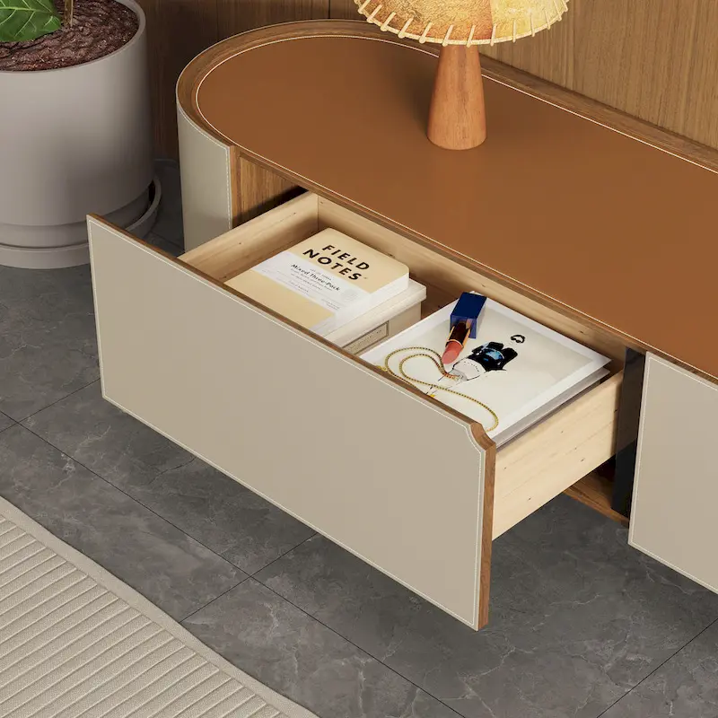 Brown Leather TV Stand for Living Room with 3 Drawers and Metal Legs