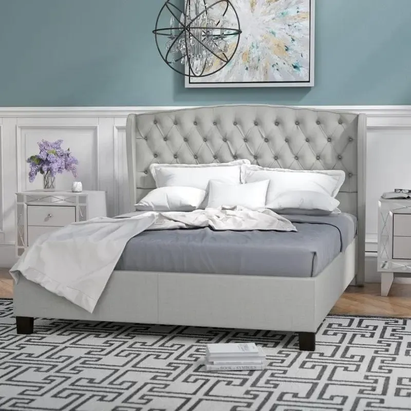 King Size Upholstered Platform Bed with Button-Tufted Wingback Headboard – Light Grey