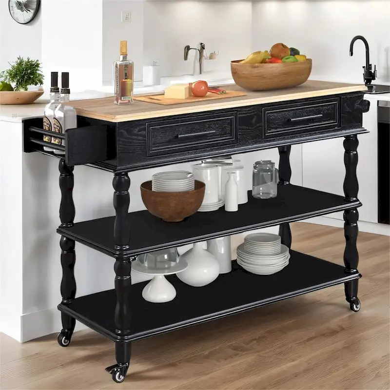 Rolling OAK Wood Top Kitchen Cart with Wine Rack and 2 Drawers