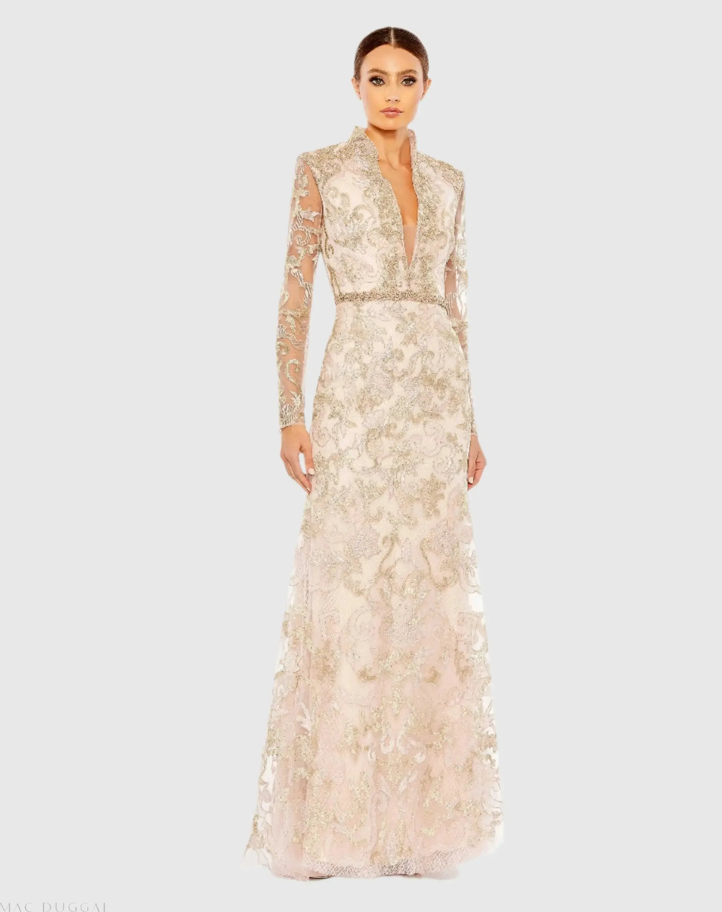 Beaded Queen Anne Lace Long Sleeve V-neck Trumpet Gown