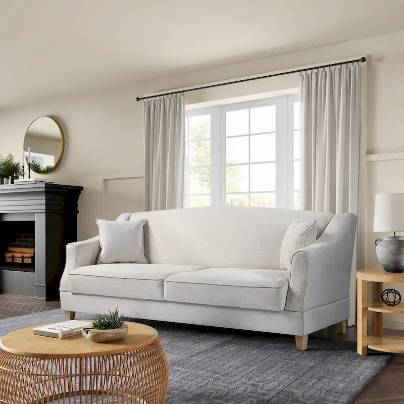 Cream / Navy Woven Fabric Convertible Sofa with Storage and 2 Throw Pillows