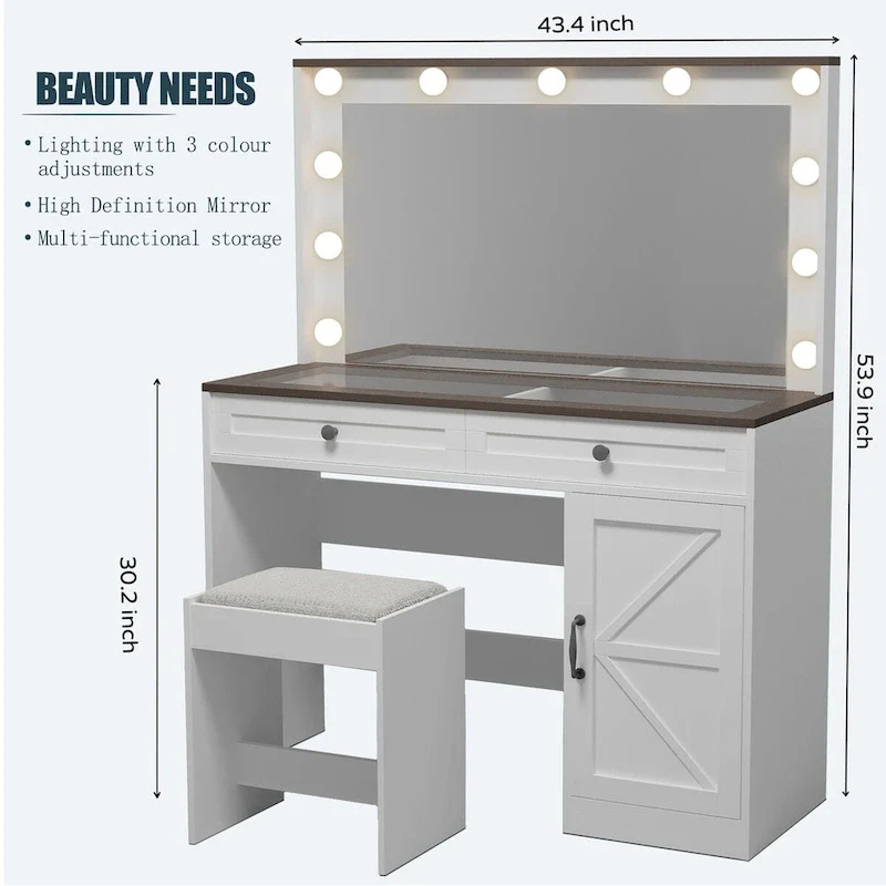 Farmhouse Makeup Vanity Table with Lights