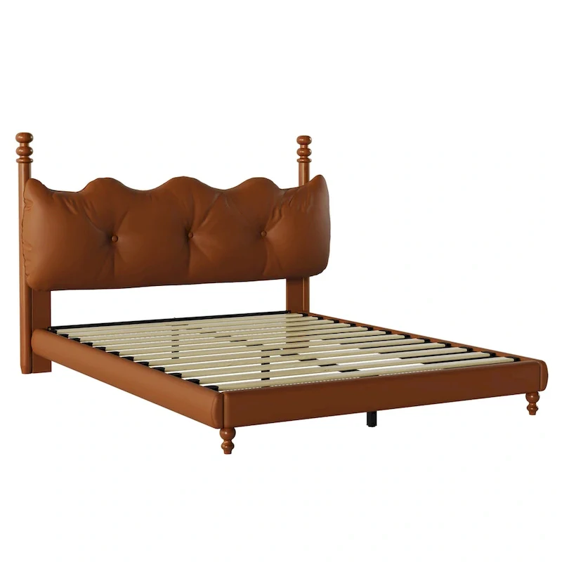PU Leather Platform Bed with Button-Tufted Headboard & Wood Bedposts – Coffee, Queen / King / Cal King, Sleeps 2