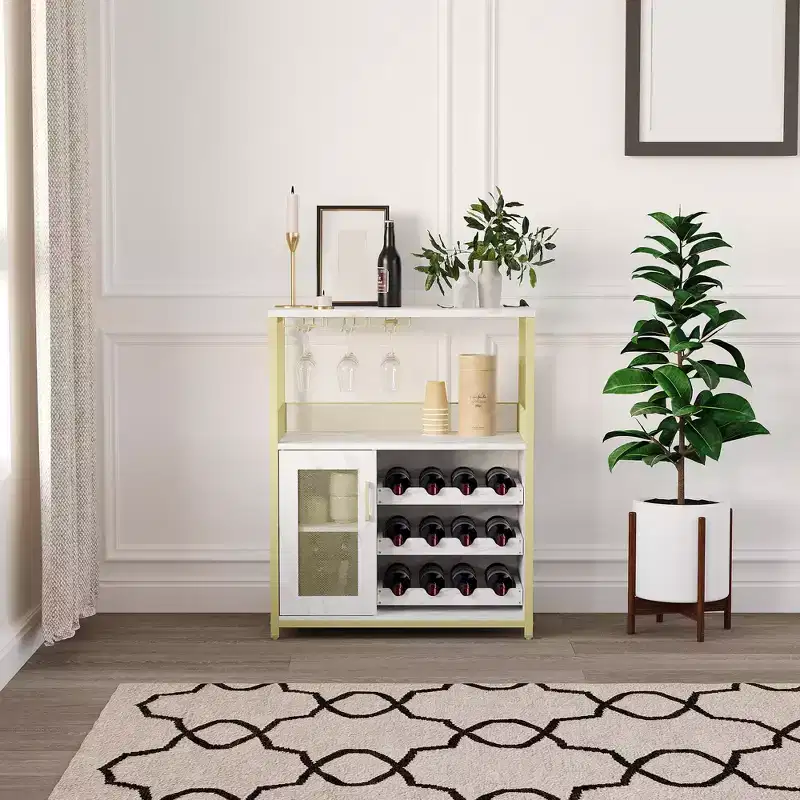 Gold Industrial Wine Bar Cabinet C 12-Bottle Storage with Removable Glass Holder C Sideboard for Living Room, Kitchen & Dining Room