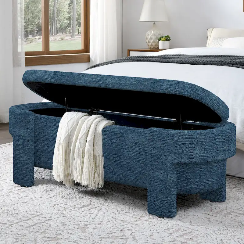 Upholstered Storage Bench Oval Ottoman w/ Large Storage Space, End of Bed Benches Bedroom Linen Fabric Footrest for Living Room