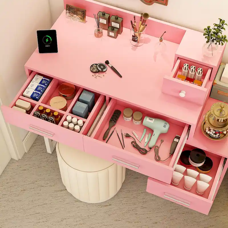 Reversible Makeup Vanity Desk With Charging Station and 4 Wooden Drawers and 1 Cabinet - N/A