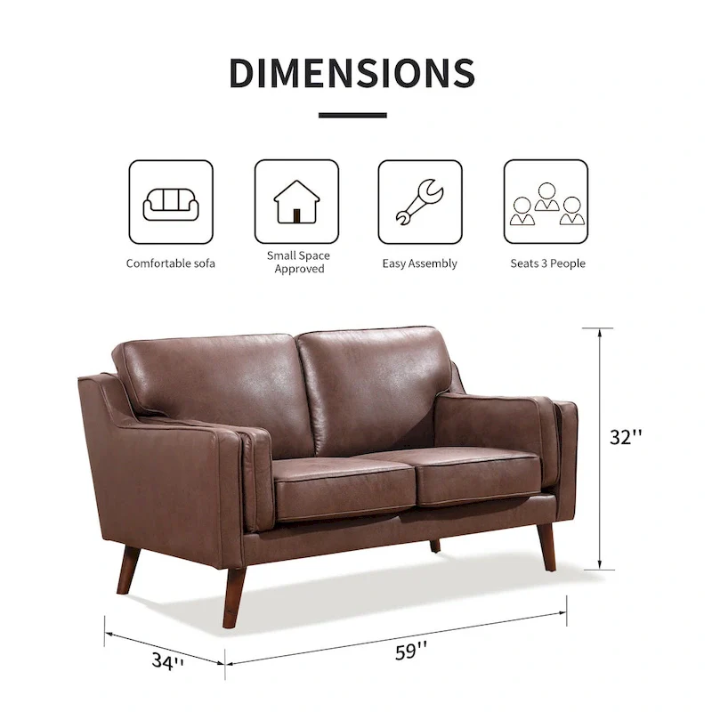 Brown Air Leather Mid-Century Sofa / Loveseat with Track Arms – Modern Style, Seats 2–3