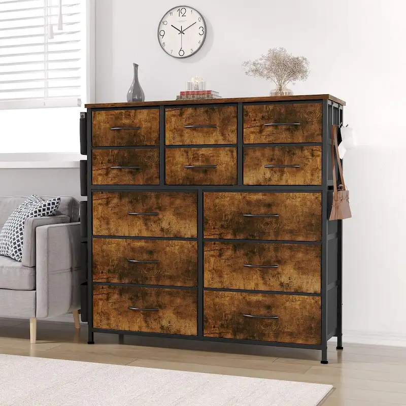 12-Drawer Fabric Dresser with Side Pockets and Hooks